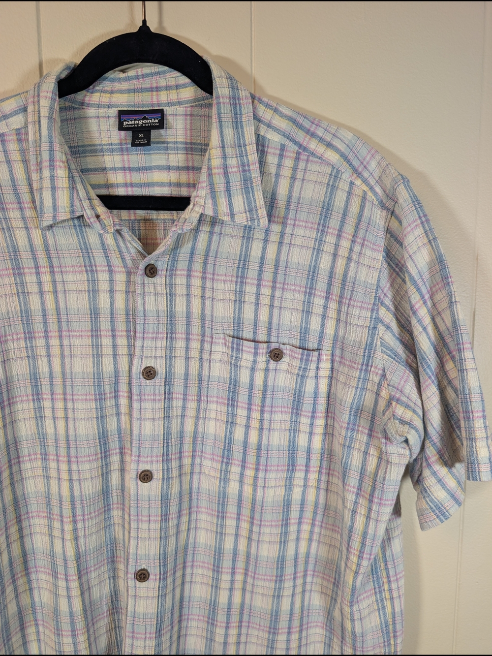 Patagonia Organic Cotton Plaid Shirt Men's XL Short Sleeve Pastel